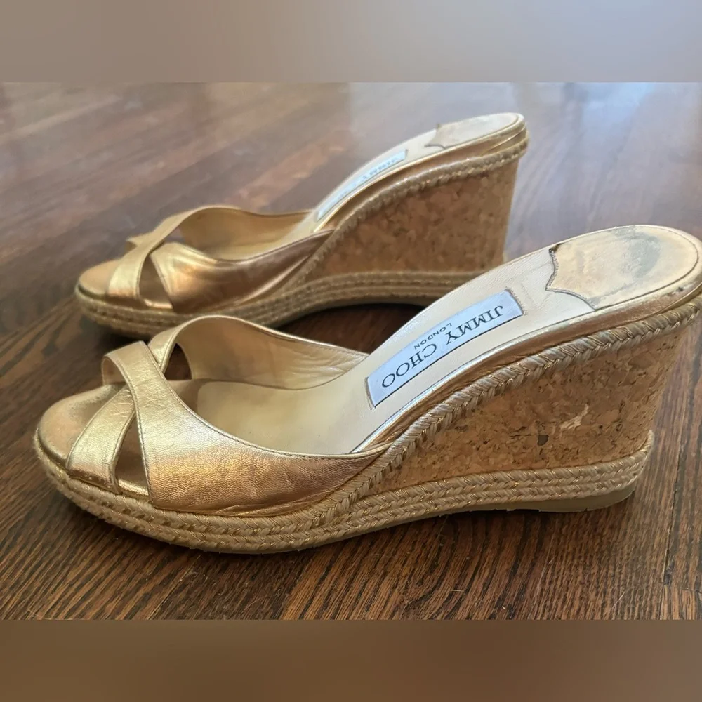 Jimmy Choo Almer Metallic Nappa Leather Wedges Braid Trim in gold, Size 38.5